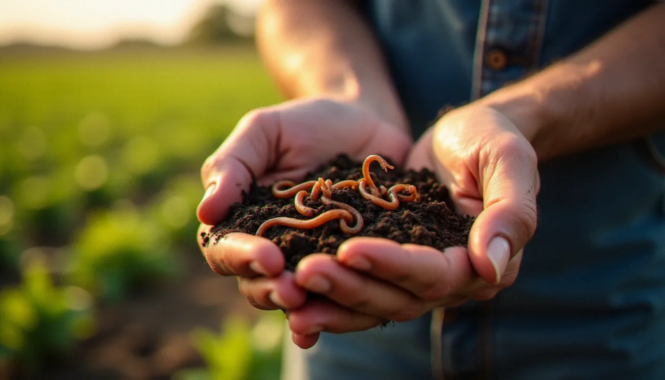 Mains d'un agriculteur tenant de la terre fertile avec des vers de terre, symbolisant le soin de la maison commune selon l'écologie intégrale