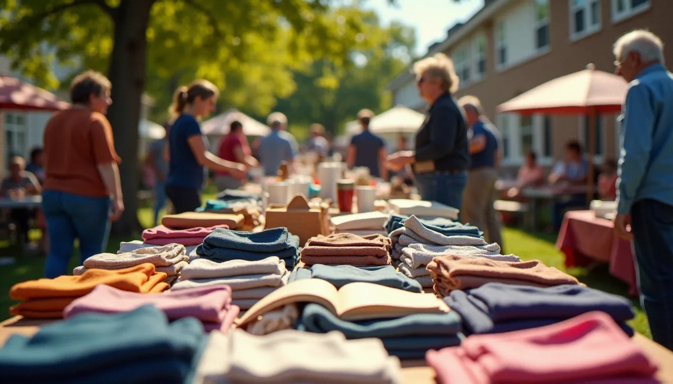 Marché d'échange entre voisins en plein air, illustrant la pratique concrète de la sobriété et de la réciprocité prônées par l'écologie intégrale