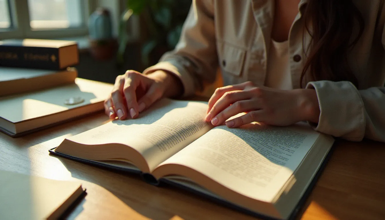 Des mains feuilletant un ouvrage de sciences économiques sur l'écologie, avec des notes manuscrites visibles sur un bureau en bois