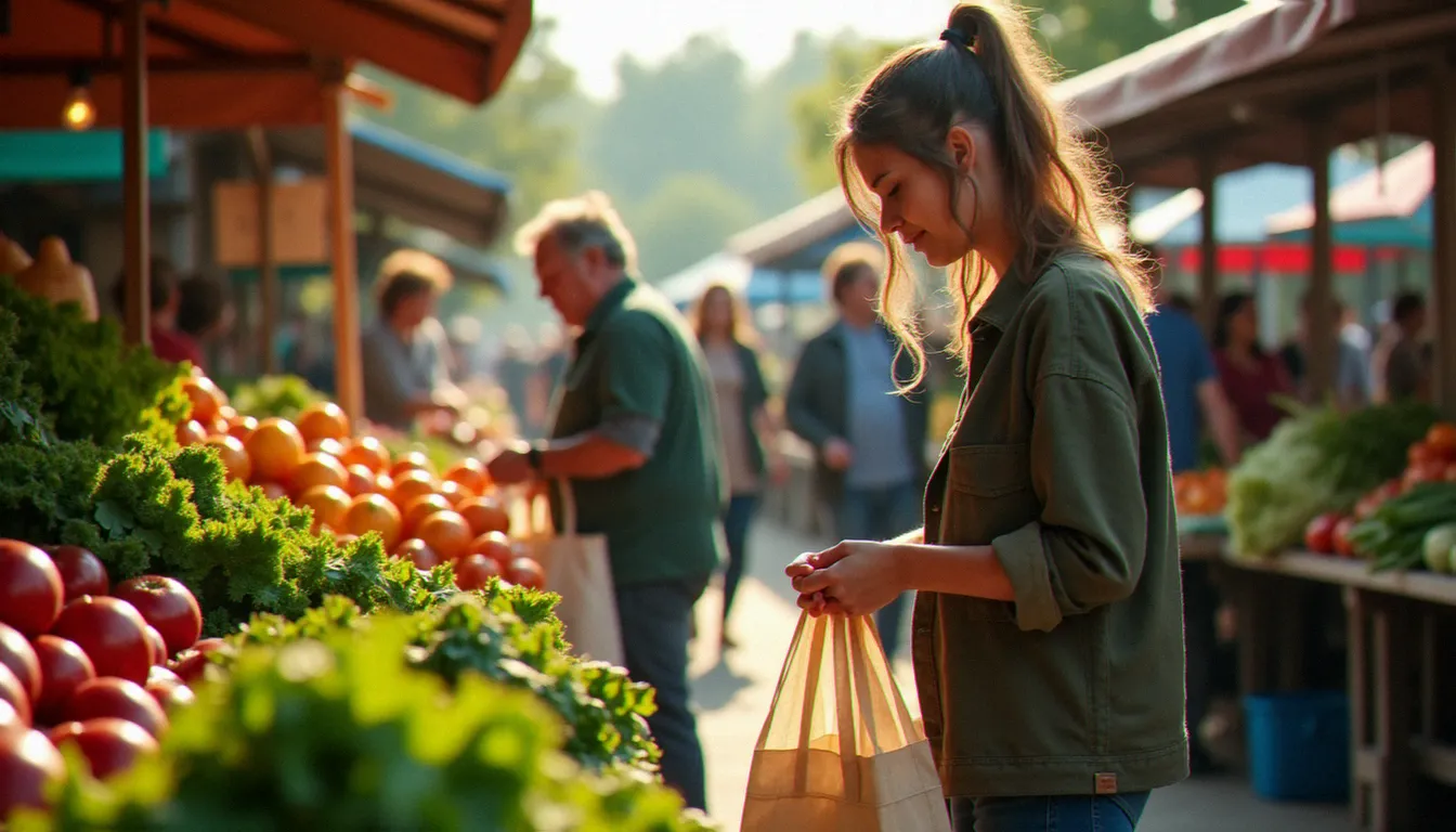 Une personne choisissant des légumes dans un marché de producteurs locaux, incarnant les principes de l'écologie intégrale dans ses gestes du quotidien