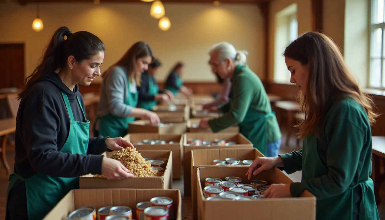 Bénévoles de différents âges triant des dons alimentaires dans une salle paroissiale, illustrant l'engagement social concret des paroisses catholiques dans la société locale