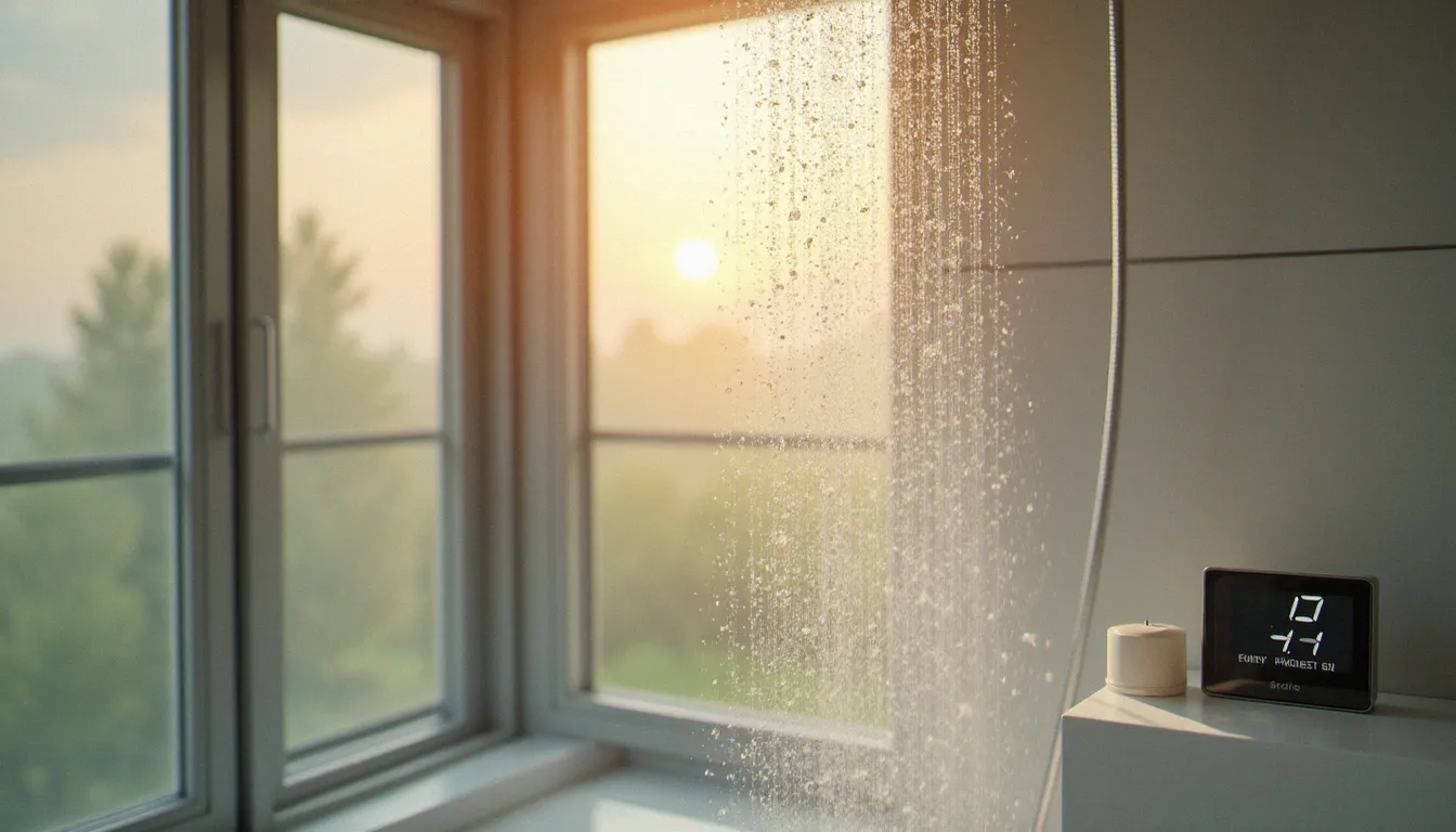 Douche en fonctionnement avec minuteur posé sur l'étagère, illustrant la répartition de la consommation d'eau par poste