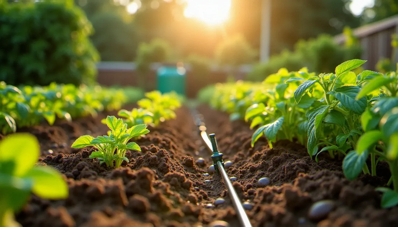 Jardin potager avec système d'irrigation goutte-à-goutte et récupérateur d'eau de pluie illustrant les disparités régionales de consommation d'eau
