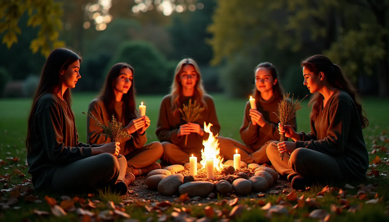 Cercle de femmes réunies autour d'un feu symbolisant les rituels saisonniers des communautés néo-påïennes chrétiennes engagées dans l'écologie