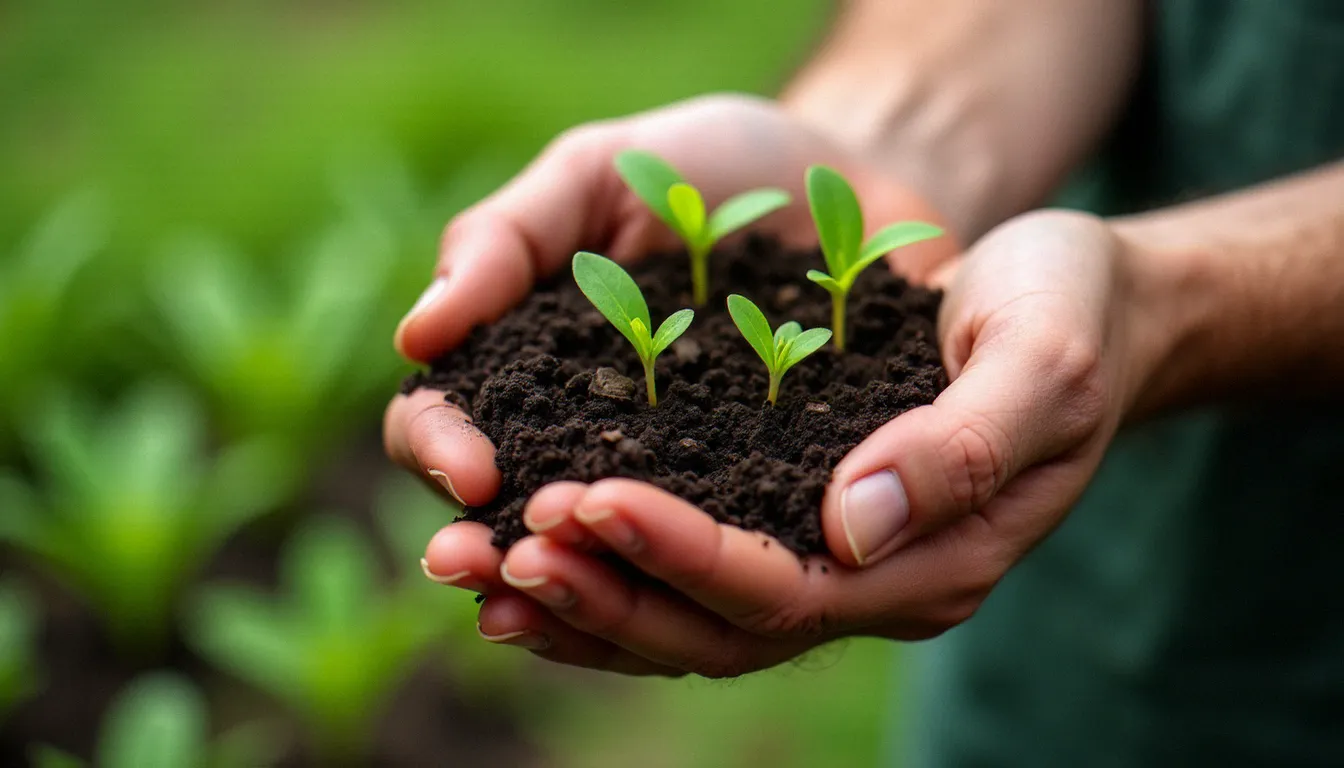 Mains tenant une poignée de terre fertile avec de jeunes pousses, symbolisant l'enracinement de la notion d'écologie intégrale dans le lien concret entre l'être humain et la nature