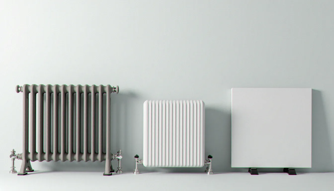 Comparaison de trois types de radiateurs électriques : à inertie sèche, à fluide caloporteur et panneau rayonnant, sur fond neutre