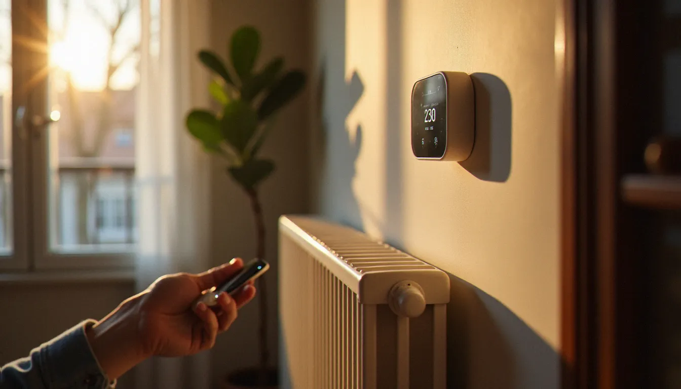 Personne réglant le thermostat connecté d'un radiateur électrique basse consommation dans un appartement chaleureux en fin de journée