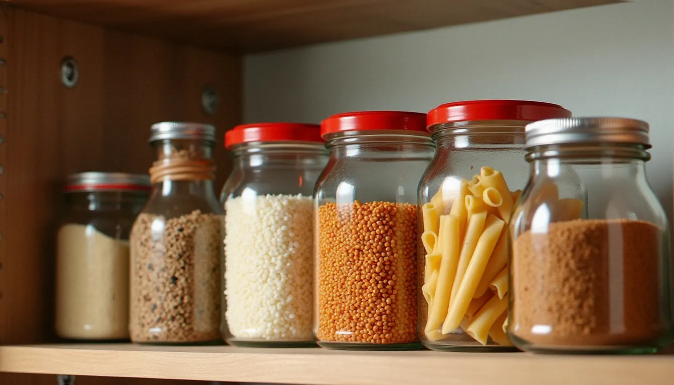 Étagère de placard bien organisée avec des produits secs comme lentilles, riz, pâtes et épices en bocaux, illustrant les aliments portant une date de durabilité minimale