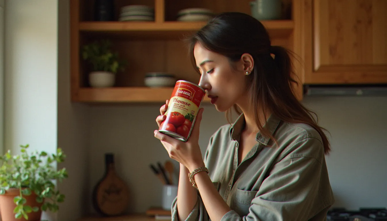 Personne vérifiant l'odeur d'une conserve de tomates dont la DDM est dépassée, illustrant la méthode sensorielle pour évaluer un aliment avant de le jeter