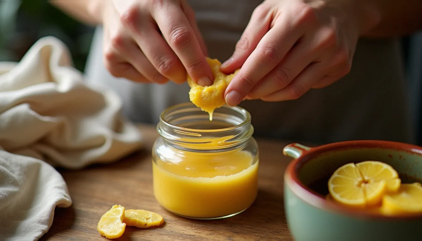 Mains râpant une racine de gingembre fraîche dans un bocal en verre contenant une pâte au miel, avec une infusion de gingembre en arrière-plan