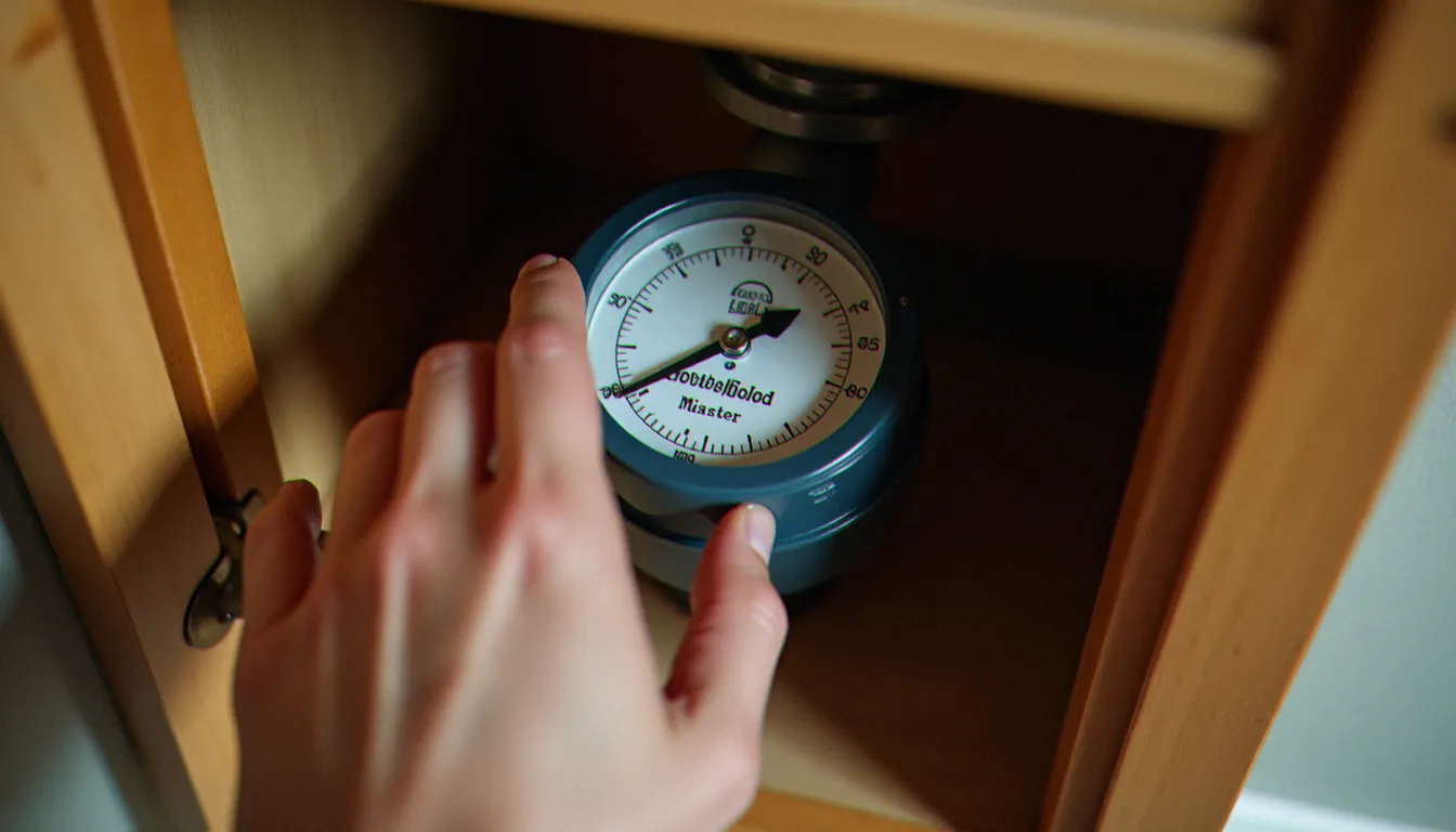 Compteur d'eau domestique vu de dessus dans un placard technique, permettant de suivre sa consommation individuelle d'eau au quotidien