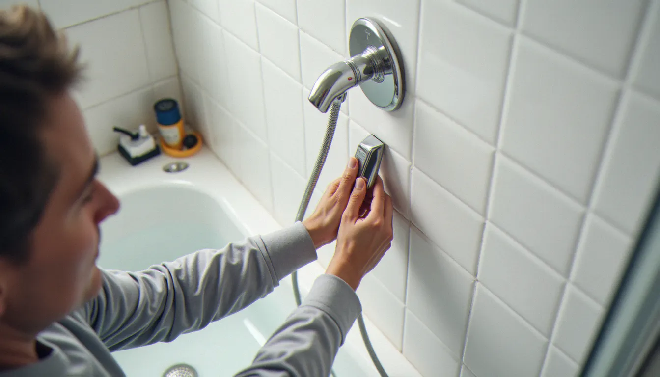 Une personne installant un pommeau de douche économique dans une salle de bain, geste concret pour réduire sa consommation d'eau personnelle