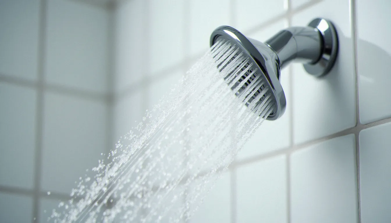 Gros plan d'un pommeau de douche économiseur avec jet fin, équipement permettant de réduire la consommation d'eau familiale