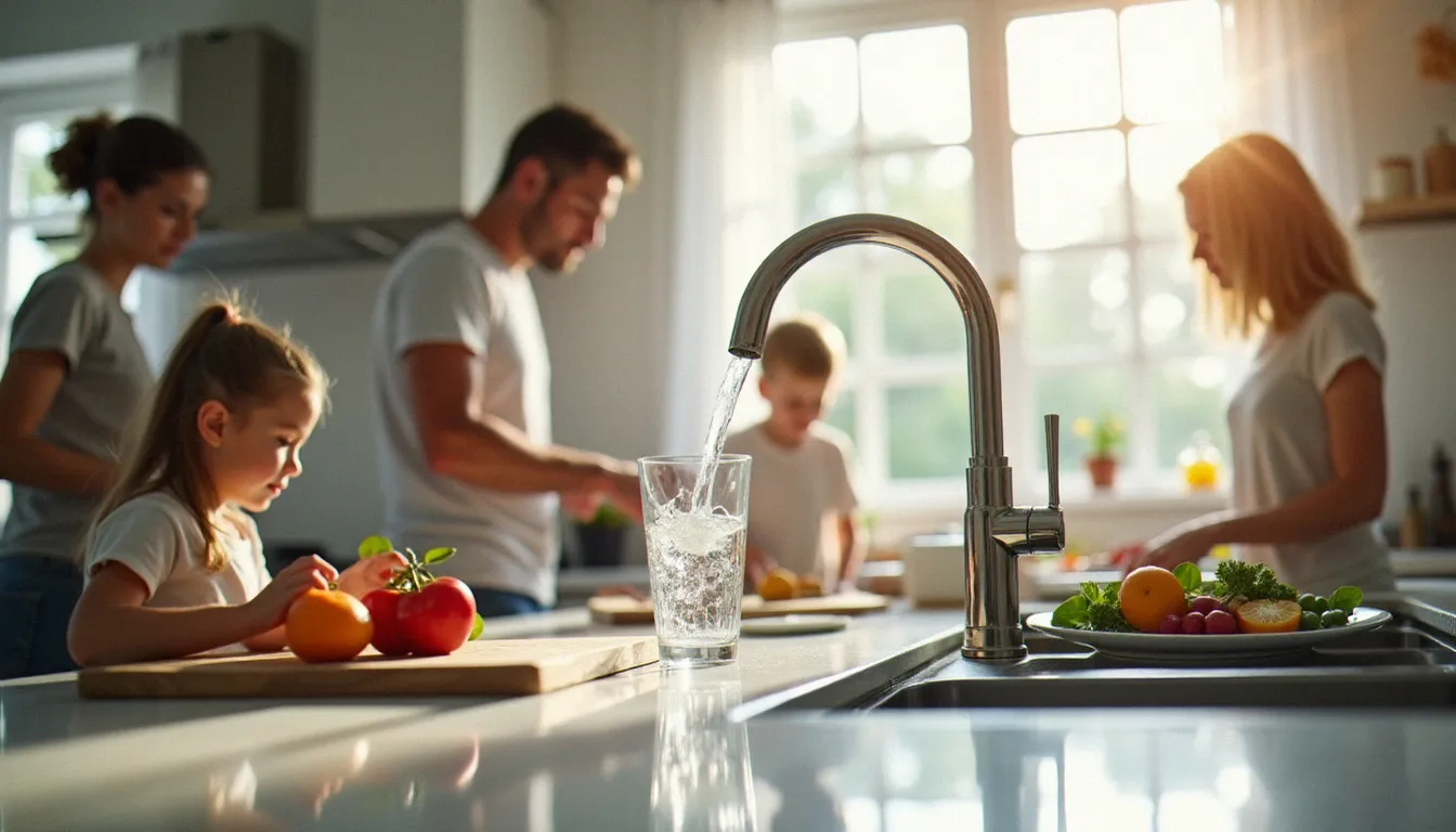 Robinet d'eau ouvert dans une cuisine familiale, illustrant la consommation moyenne eau 4 personnes au quotidien