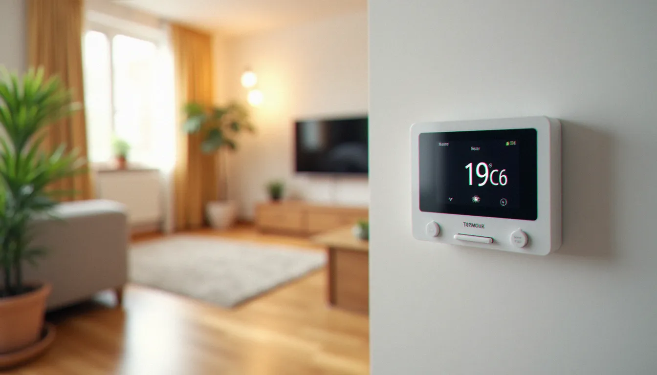Thermostat numérique réglé à 19°C dans un salon bien isolé, symbole de l'optimisation de la consommation d'une pompe à chaleur