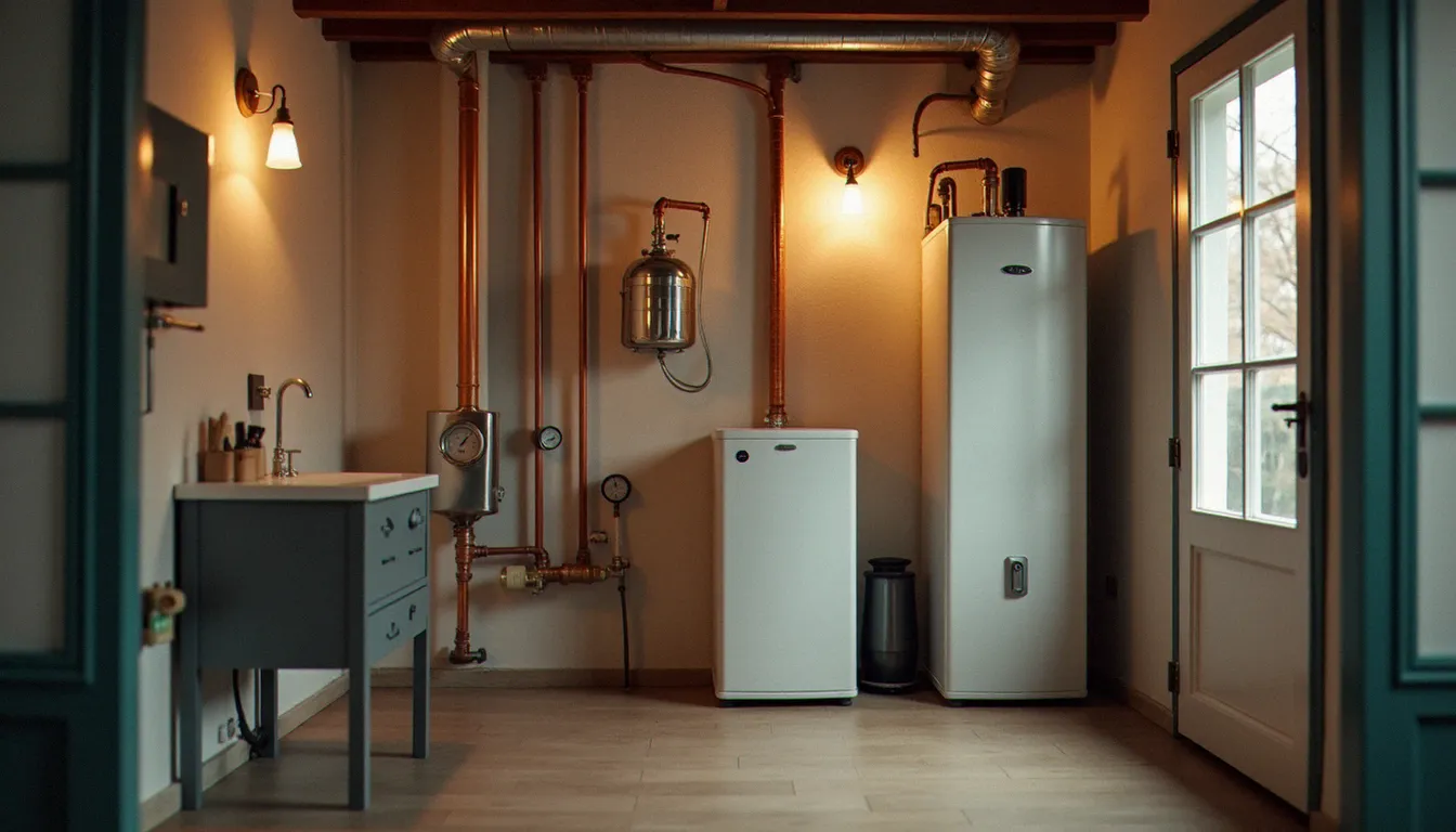 Local technique d'une maison avec installation complète pompe à chaleur air-eau, ballon d'eau chaude et tableau de régulation visible