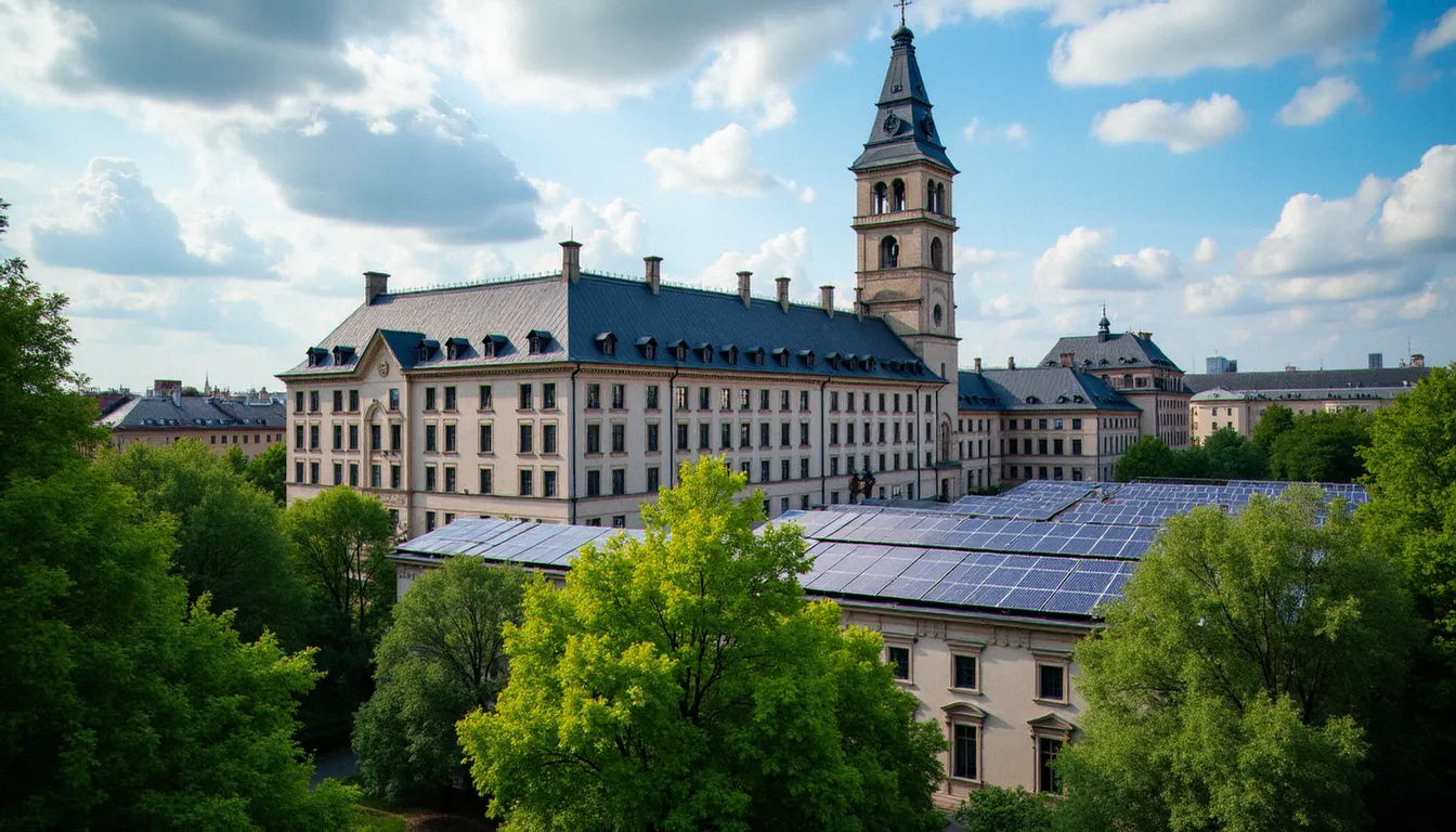 Bâtiment institutionnel européen entouré de végétation et d'installations solaires, symbole de la transition écologique portée par les partis verts au niveau politique