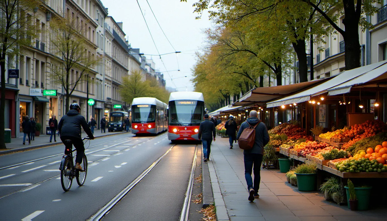 Rue française avec pistes cyclables, transports en commun et marché bio local, illustrant les politiques concrètes défendues par les Verts Europe Écologie au quotidien