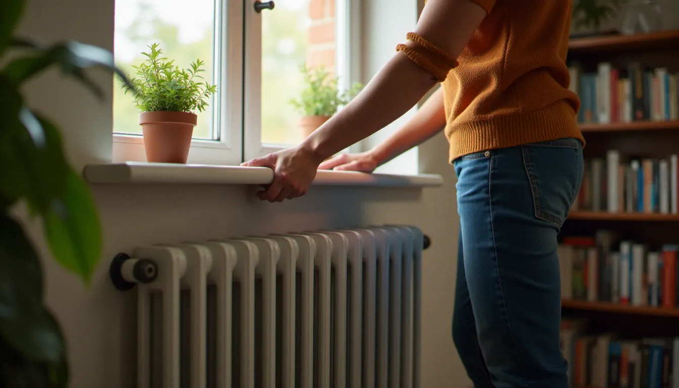 Personne positionnant un radiateur bain d'huile sous une fenêtre dans un bureau à domicile pour optimiser la diffusion de chaleur