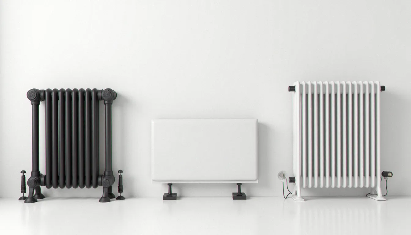 Comparaison de trois types de radiateurs électriques basse consommation côte à côte : inertie fonte, panneau céramique et convection optimisée