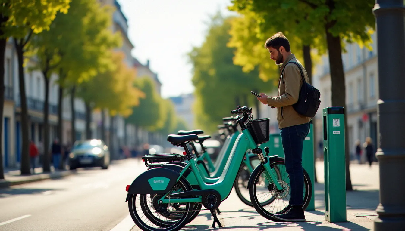 Station de vélos cargo électriques en libre-service dans une rue française, illustrant le passage de la possession à l'usage dans la consommation de services de mobilité