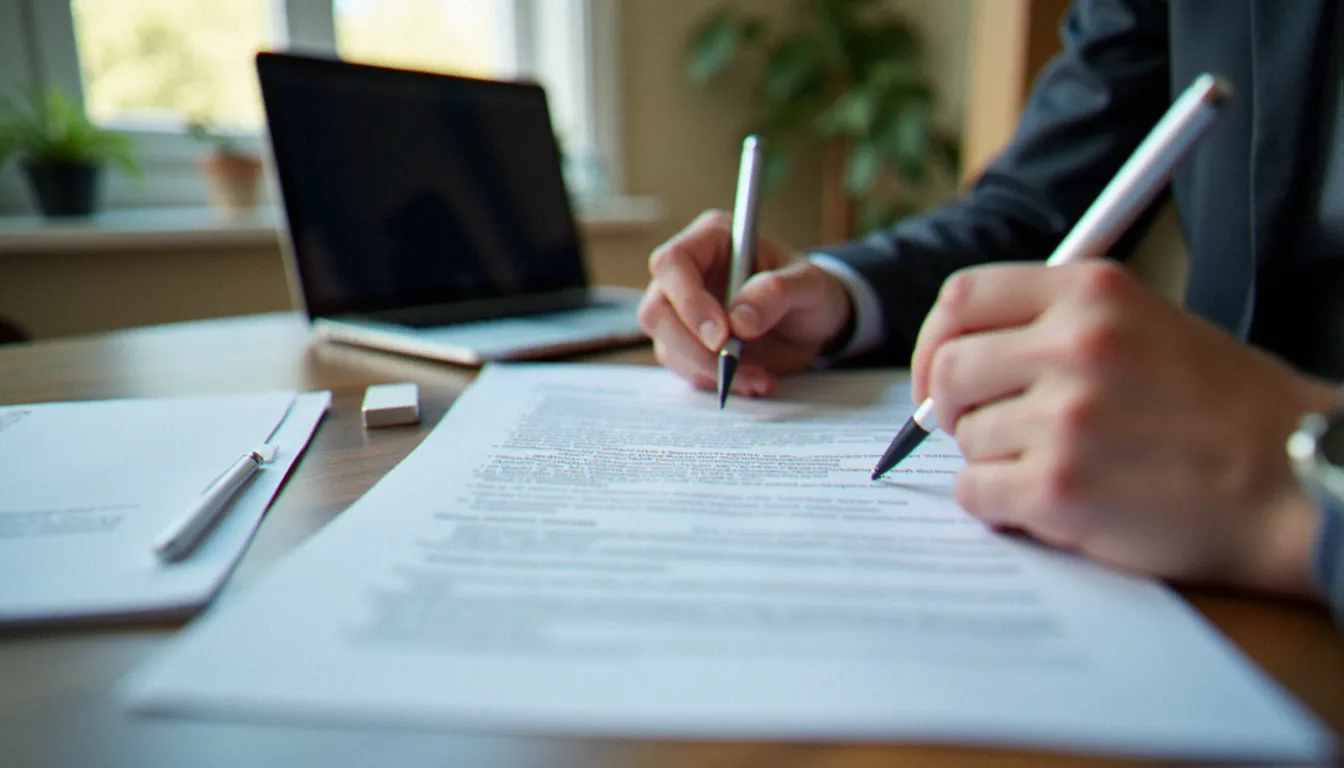 Une personne lit attentivement un contrat de service consommation avant de le signer, représentant l'exercice des droits du consommateur face aux prestataires de services
