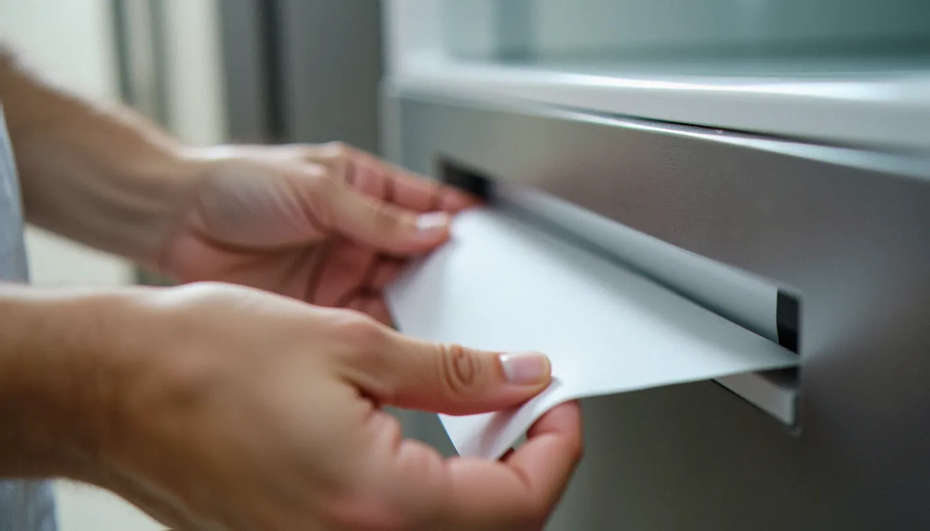 Test du joint de porte du réfrigérateur à l'aide d'un papier de brouillon pour détecter les fuites d'air froid