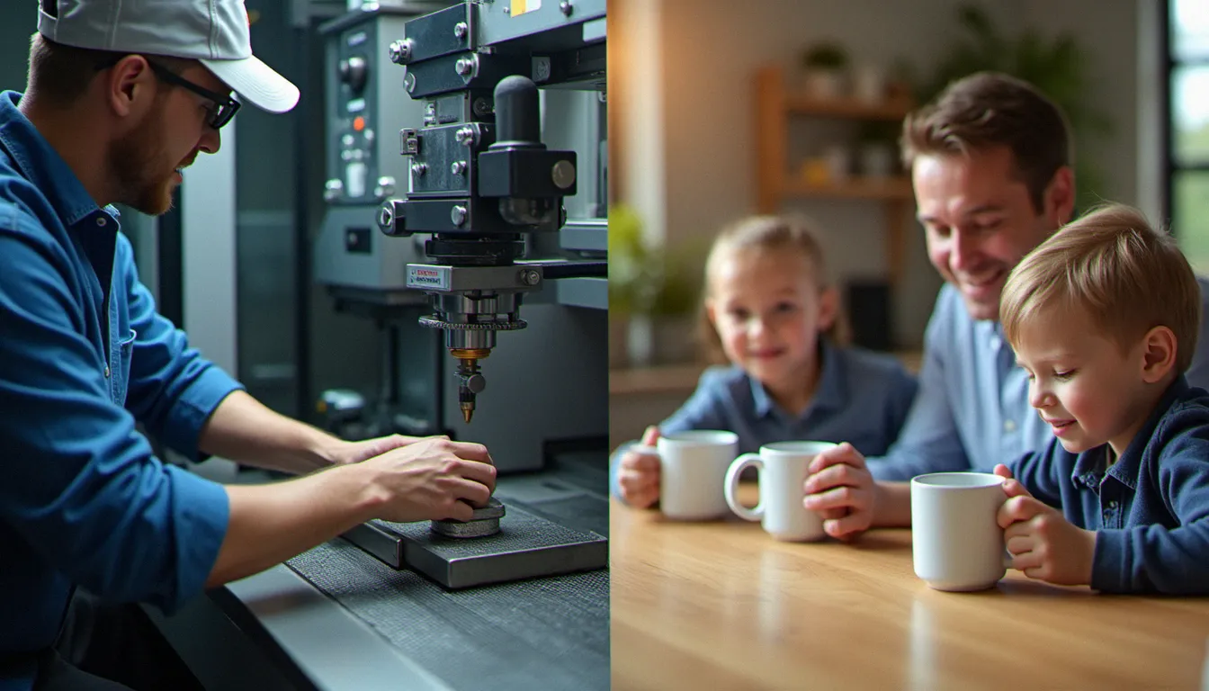 Comparaison visuelle entre un intrant industriel transformé en pièce et un même bien consommé directement par un foyer