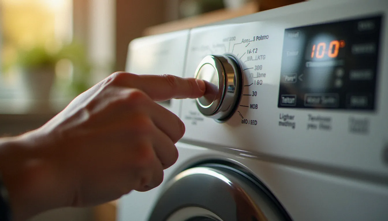 Main réglant le programme éco sur le panneau de commande d'une machine à laver pour réduire la consommation machine à laver