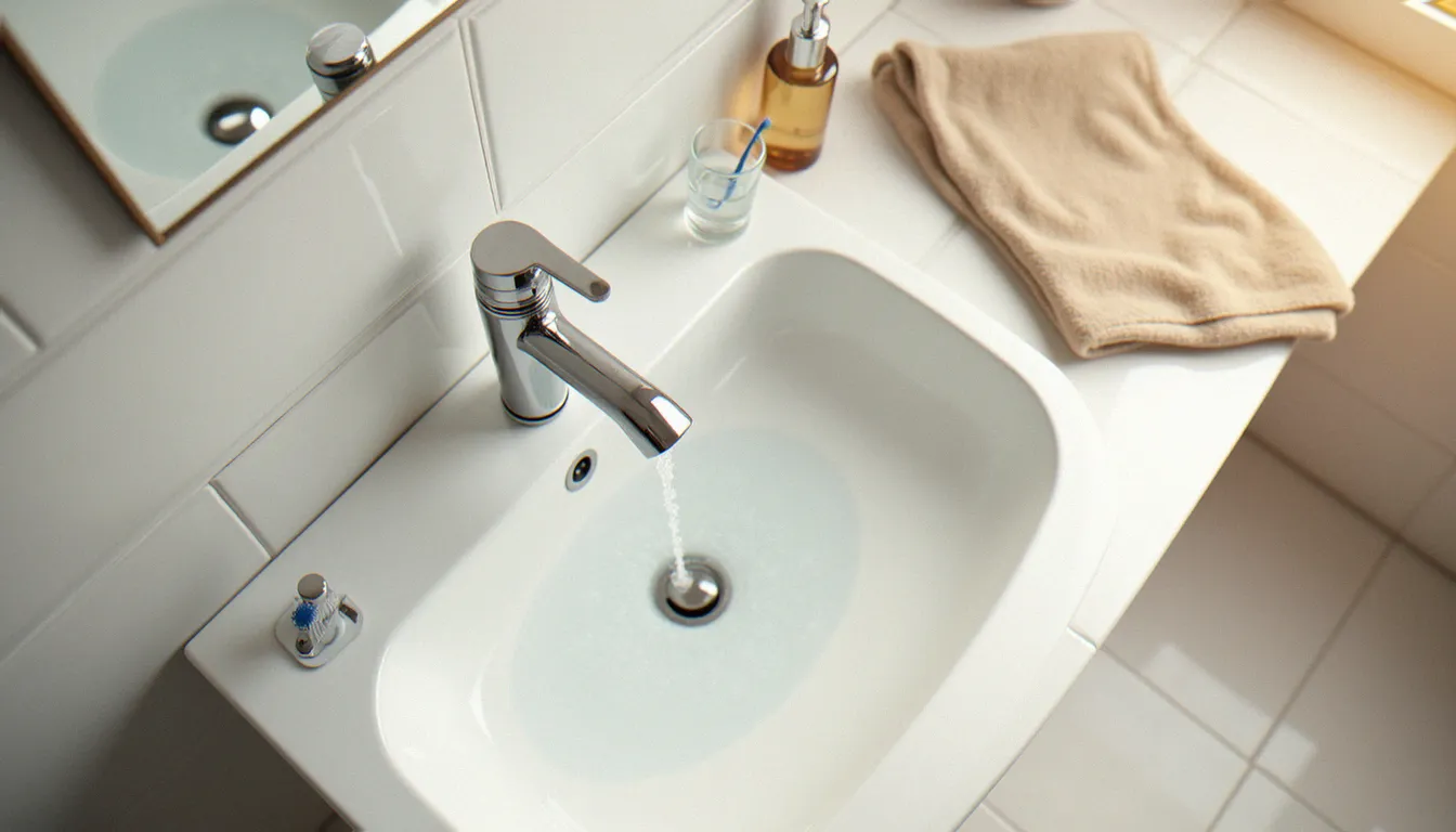 Lavabo de salle de bain avec robinet à bouton-pression, geste concret pour réduire la consommation d'eau au quotidien