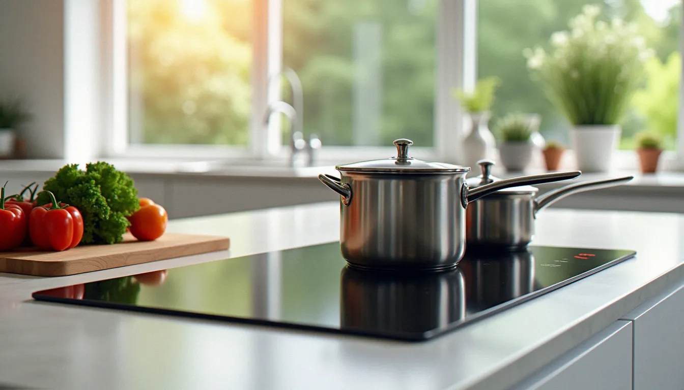Plaque à induction moderne dans une cuisine équipée avec casseroles et légumes frais