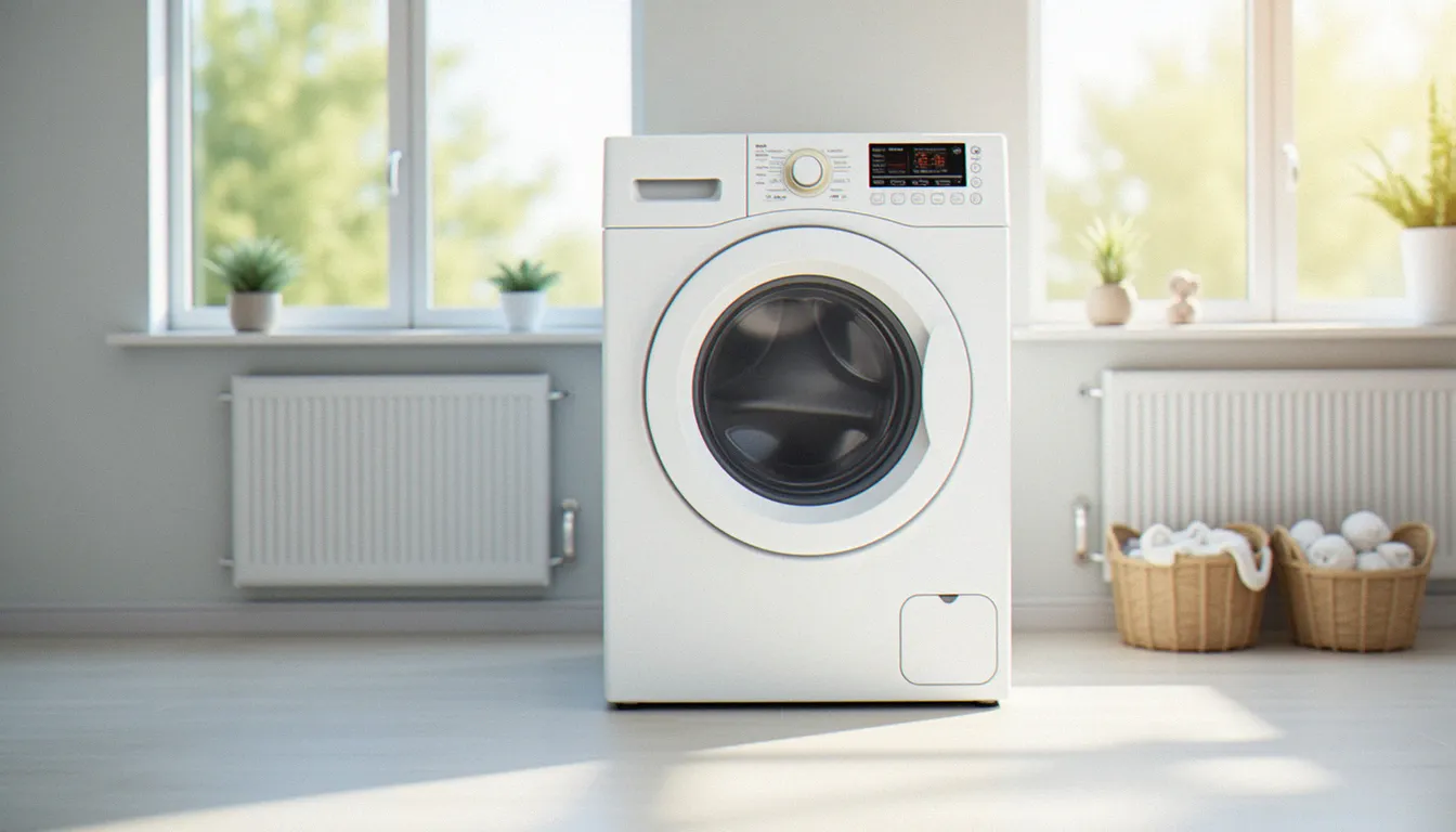 Séchoir moderne dans une buanderie lumineuse, illustrant la consommation sèche-linge