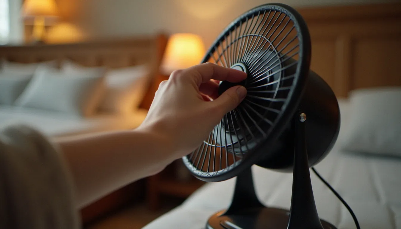 Main réglant la vitesse d'un ventilateur de table dans une chambre.