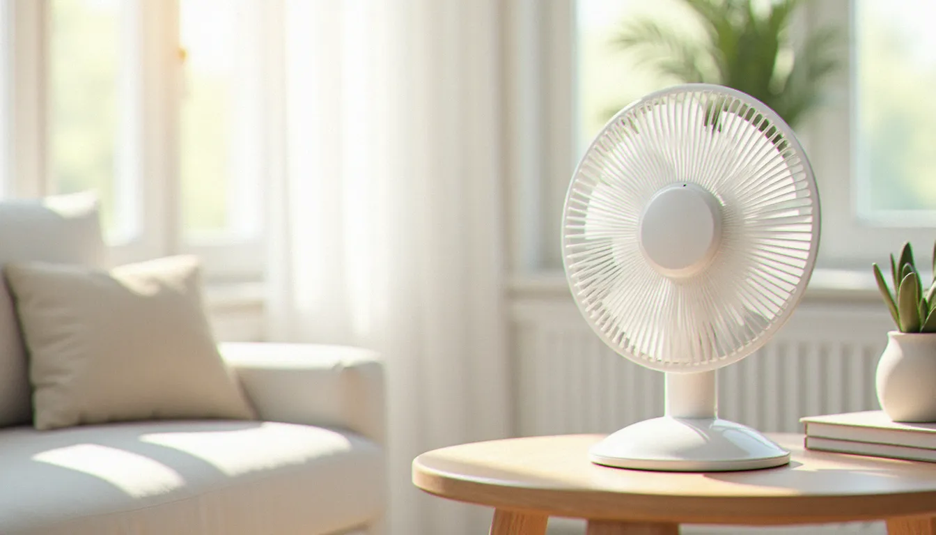 Ventilateur de table moderne dans un salon lumineux et frais.